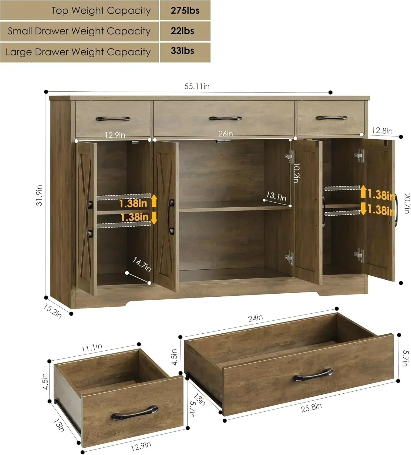 Sideboard with drawers large 55-inch sideboard modern farmhouse wood kitchen dining table
