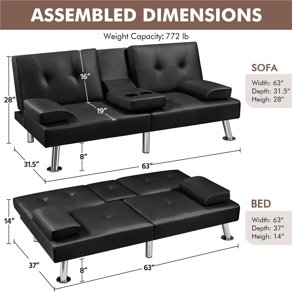 Yaheetech Convertible Sofa Bed Adjustable Couch Sleeper Modern Faux Leather Home Recliner Reversible Loveseat Folding Daybed Guest Bed, Removable Armrests, Cup Holders, 3 Angles, 772lb Capacity, Brown