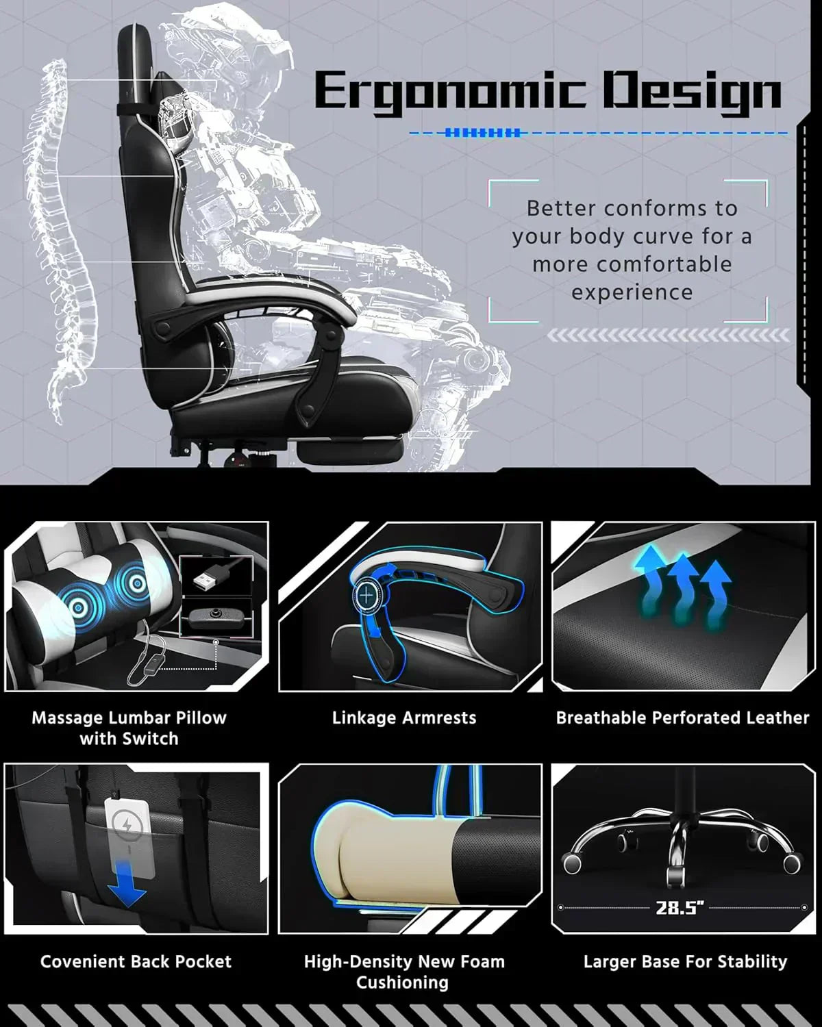Gaming Chair with Massage Lumbar Support and Footrest Height Office Gaming Chair