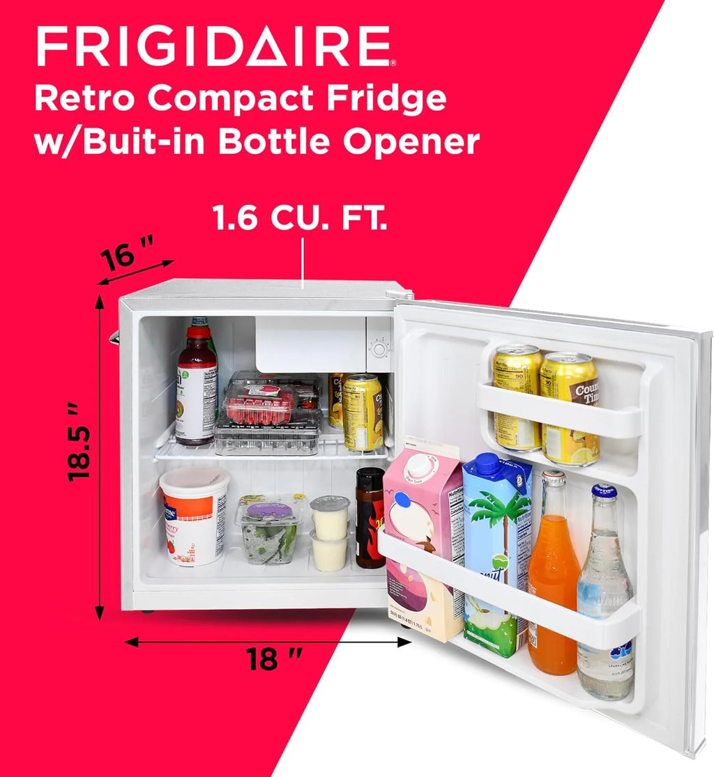 Frigidaire EFR176 Retro Compact Fridge with Chiller Mini Refrigerator with Built-in Bottle Opener for Office, Bedroom, Dorm Room or Cabin, 1.6 cu ft 16 D x 18 W x 18.5 H, Moonlight