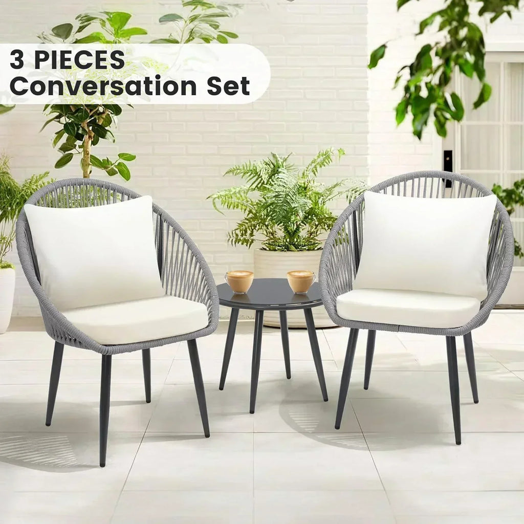 3 Piece Bistro Set Woven Rope Chair with Cushions All Weather Patio Conversation Set Side Table