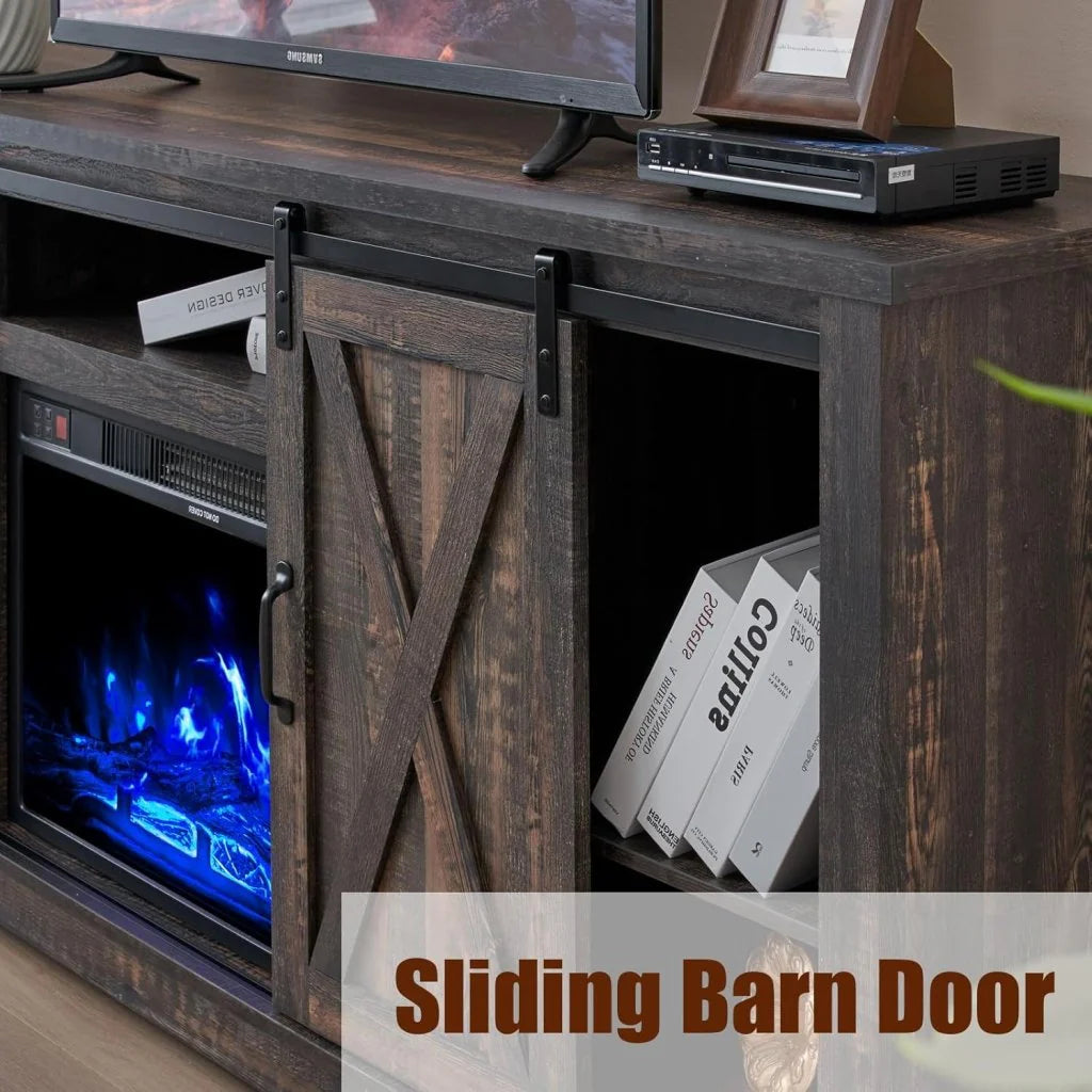 AMERLIFE Fireplace TV Stand with Sliding Barn Door for TVs up to 73, Farmhouse 63 Fireplace Entertainment Center with Storage Cabinets/Adjustable Shelves