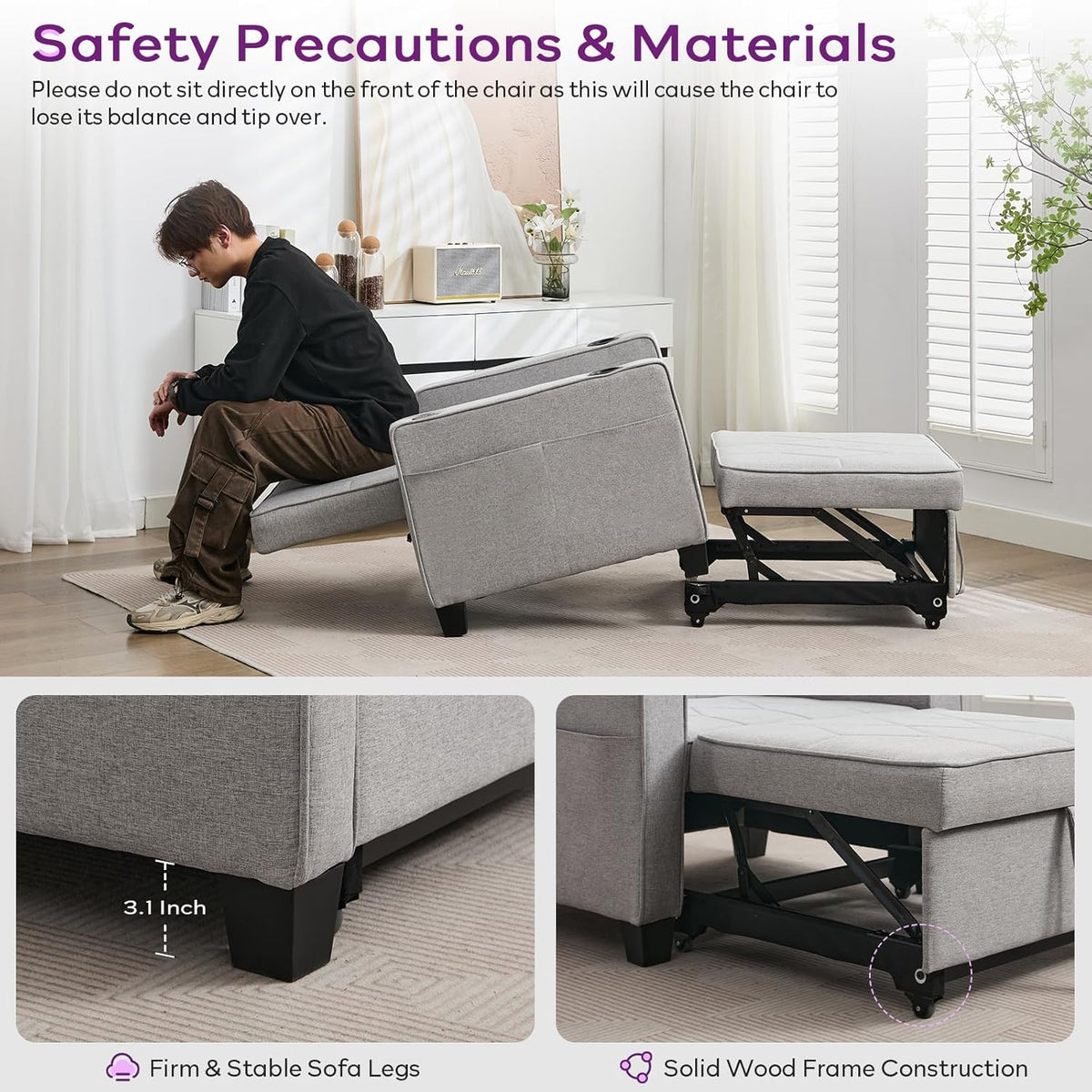 Adult Convertible Sleeper Chair Bed 3-in-1 Pull-Out Sofa Bed with USB/Type-C Ports Cup Holders