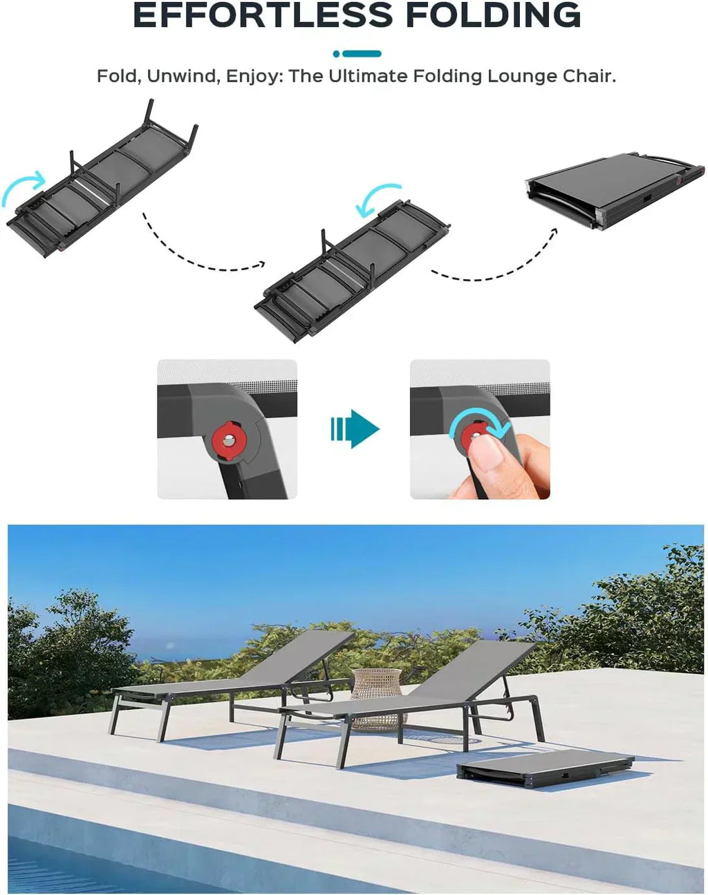 Aluminum Chaise Lounge Outdoor Foldable Assemble Free Outdoor Lounge Chair 5 Adjustable Backrest