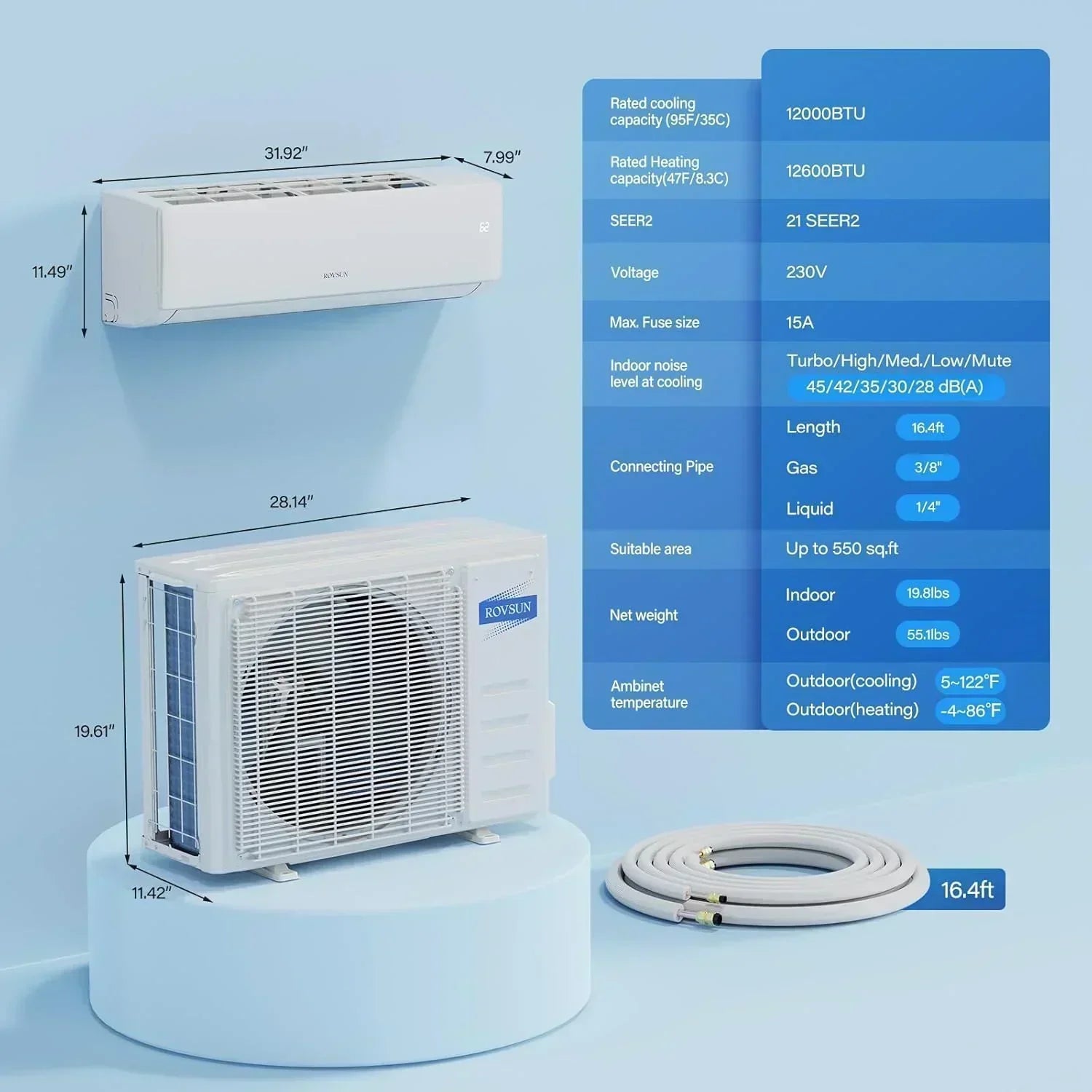 ROVSUN 9000 BTU Wifi Enabled Mini Split Air Conditioner Heater Inverter 19 SEER2 Energy Saving