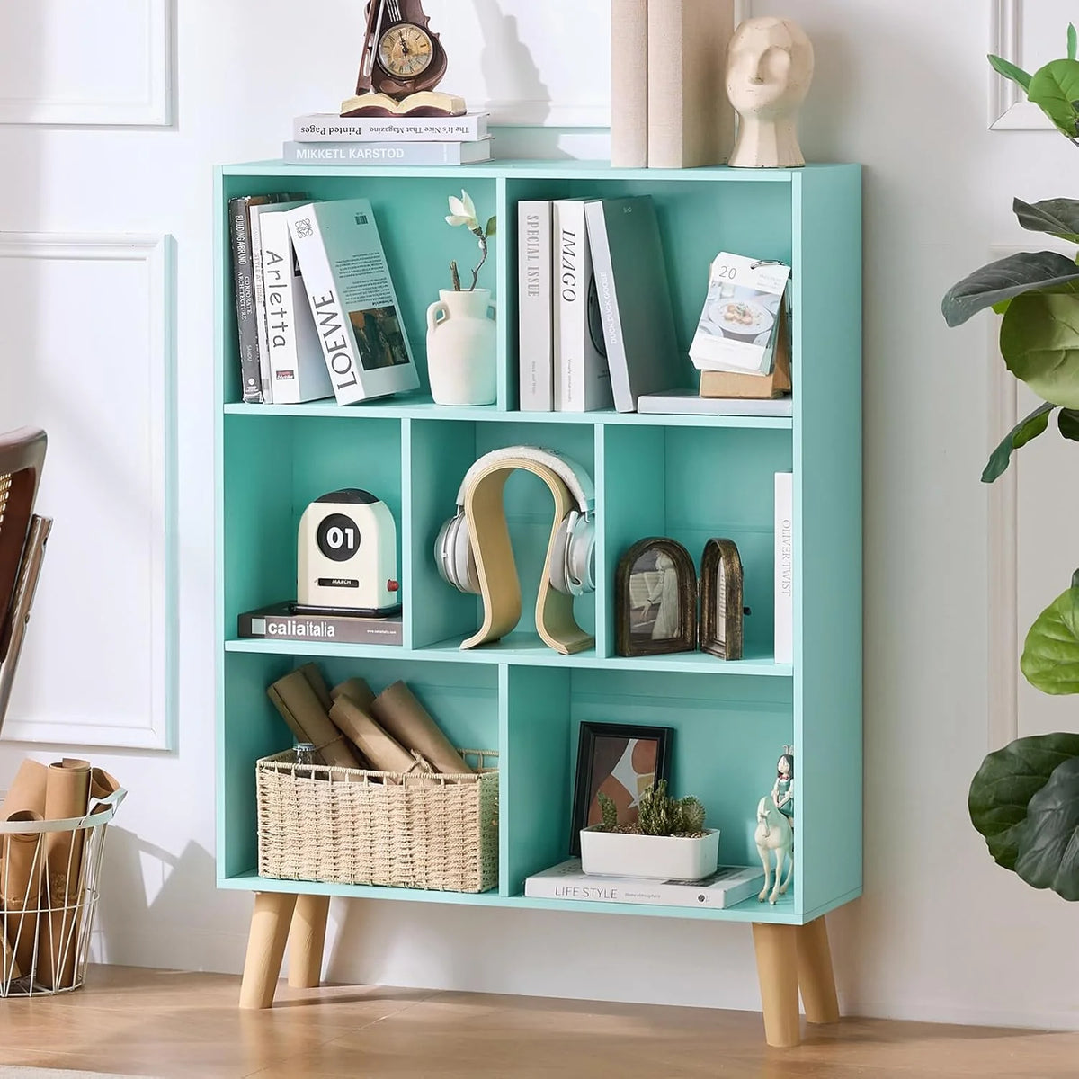 LEYAOYAO Wooden 7 Cube Book Shelf Natural Bookshelf Legs Modern Open Storage Organizer