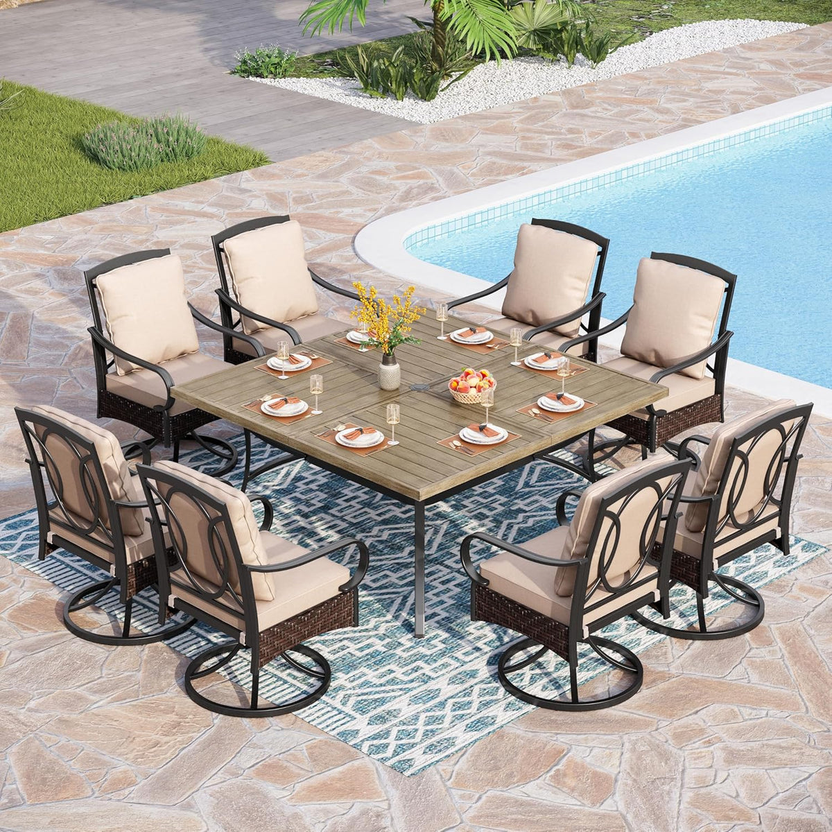 PHI VILLA 6-Piece Outdoor Dining Sets, All-Weather Patio Table and Chairs Set with Umbrella for 4, Heavy Duty Patio Round Table Set for Deck, 4 Extra Large Outdoor Swivel Chairs with Thick Cushions