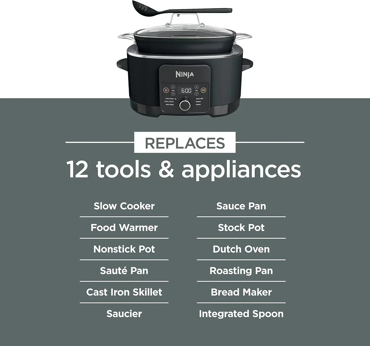 Ninja Slow Cooker 8.5 Quart Multi Cooker with Dutch oven steamer glass lid with integrated spoon