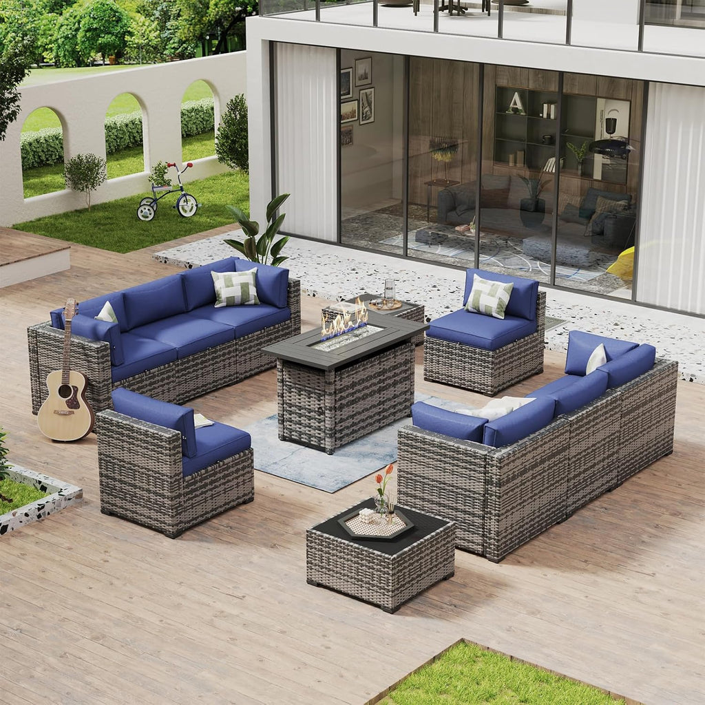 Aoxun 8 Piece Patio Furniture Set with 44?Fire Pit Table Wicker Rattan Outdoor Sectional Sofa Set with Coffee Table and Thickened Cushions, Beige (Waterproof Cover Included)