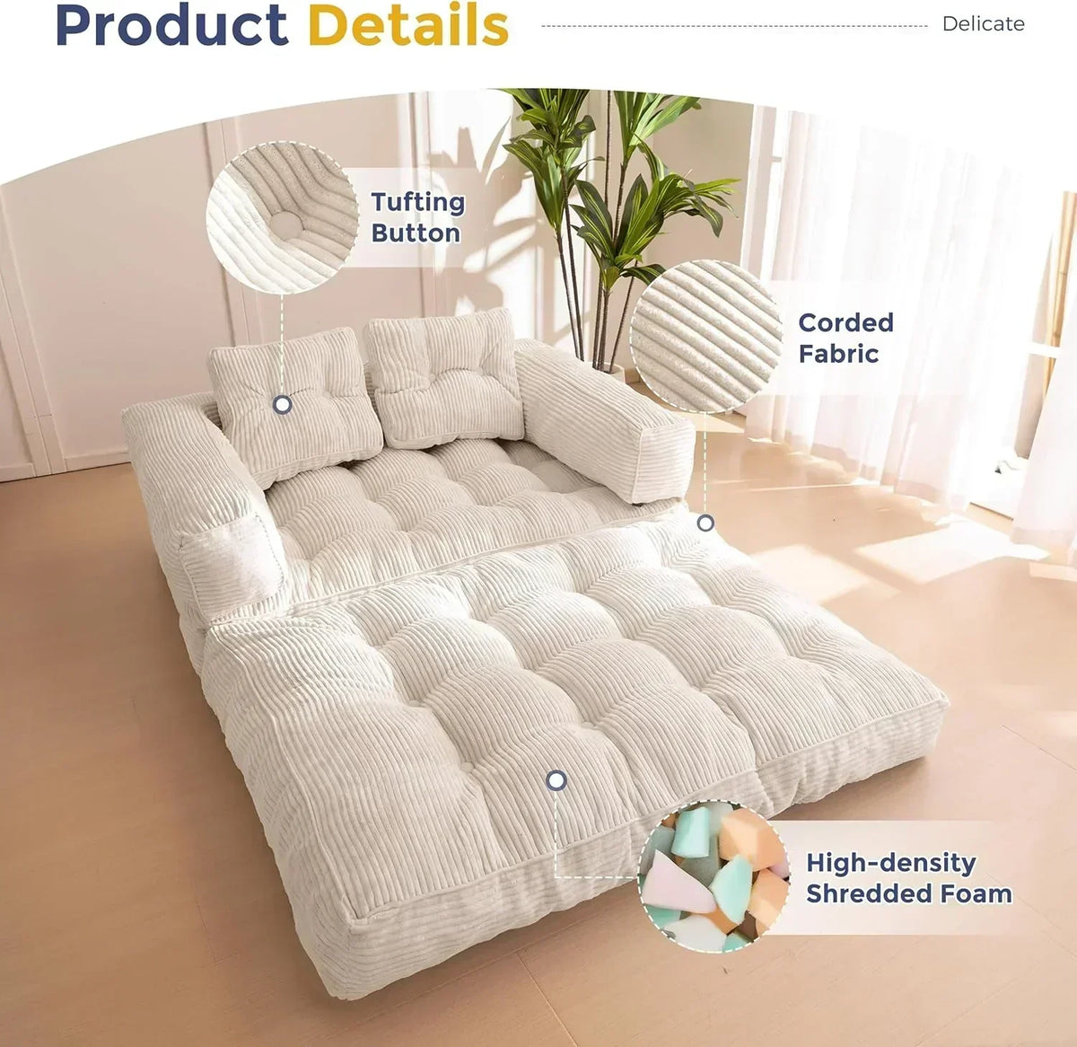 Folding Sofa Bed L-Shaped Convertible Sofa Bed with Armrests and Pillows
