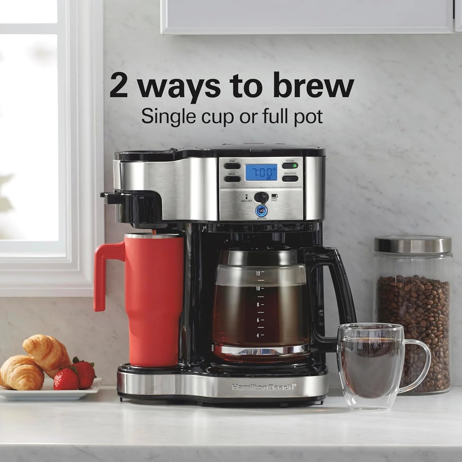 Hamilton Beach 2-Way 12 Cup Programmable Drip Coffee Maker & Single Serve Machine, Glass Carafe, Auto Pause and Pour, Black (49980R)