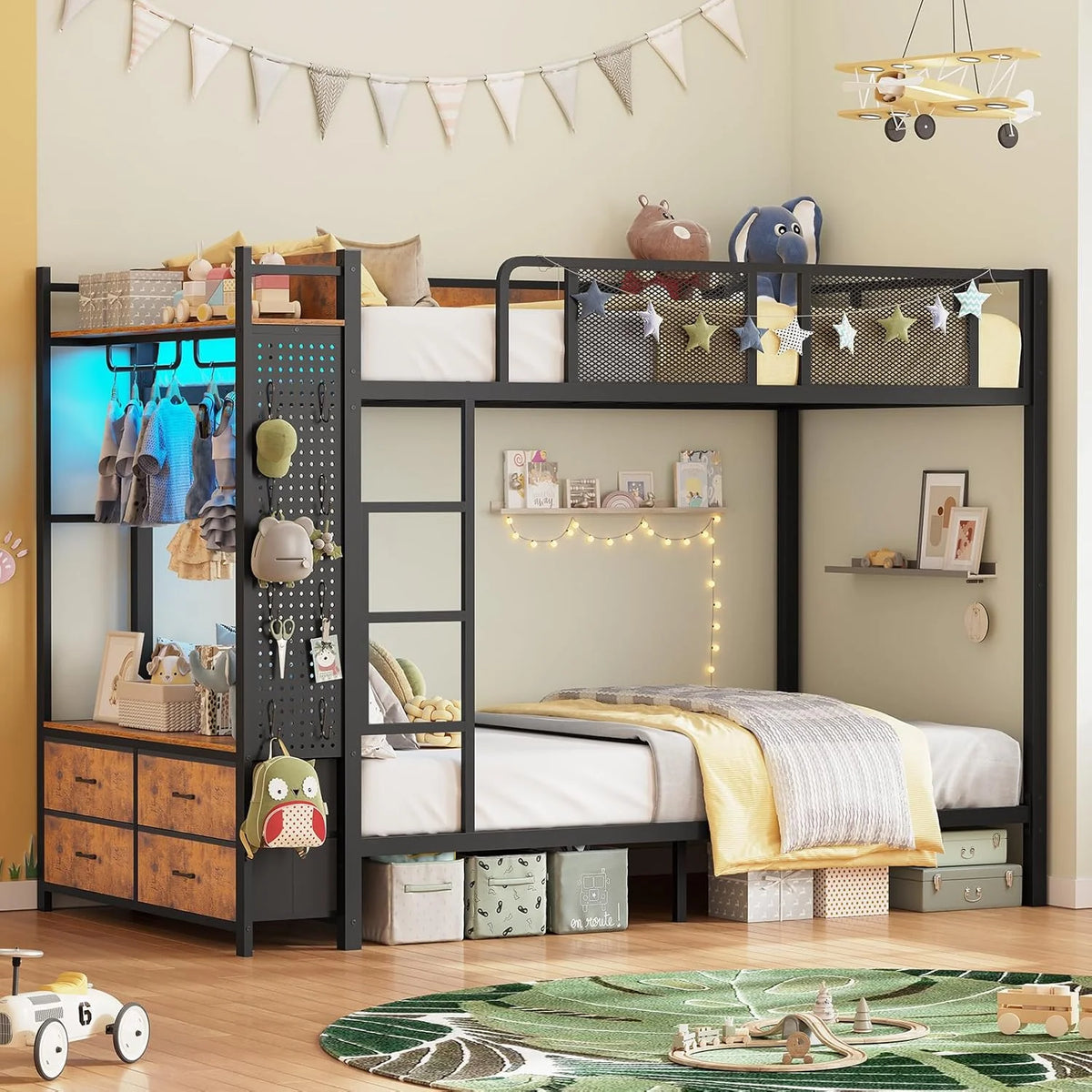 Itaar Metal Bunk Bed Twin Over Twin Hall Tree Power Outlet LED Bunk Bed 4 Storage Drawers