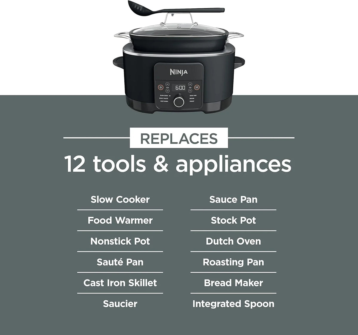 Ninja Slow Cookers 8.5-Quart Multi-Cooker with Dutch oven, steamer, glass lid with integrated spoon, nonstick and oven-safe pot