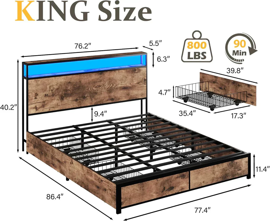 Lifezone Queen Bed Frame 2-Tier Storage Headboard Metal Platform Bed Frame 4 Storage Drawers