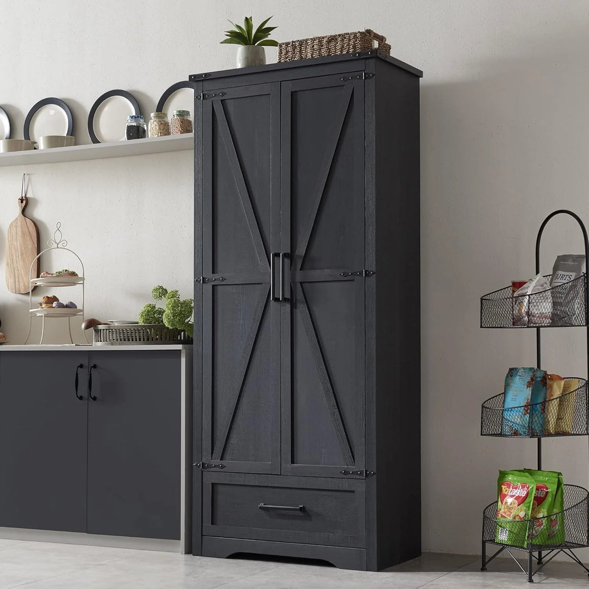 JXQTLINGMU Farmhouse Kitchen Pantry - 72 Tall Wood Kitchen Storage Cabinet with Adjustable Shelves and 2 Barn-Style Doors and Drawers
