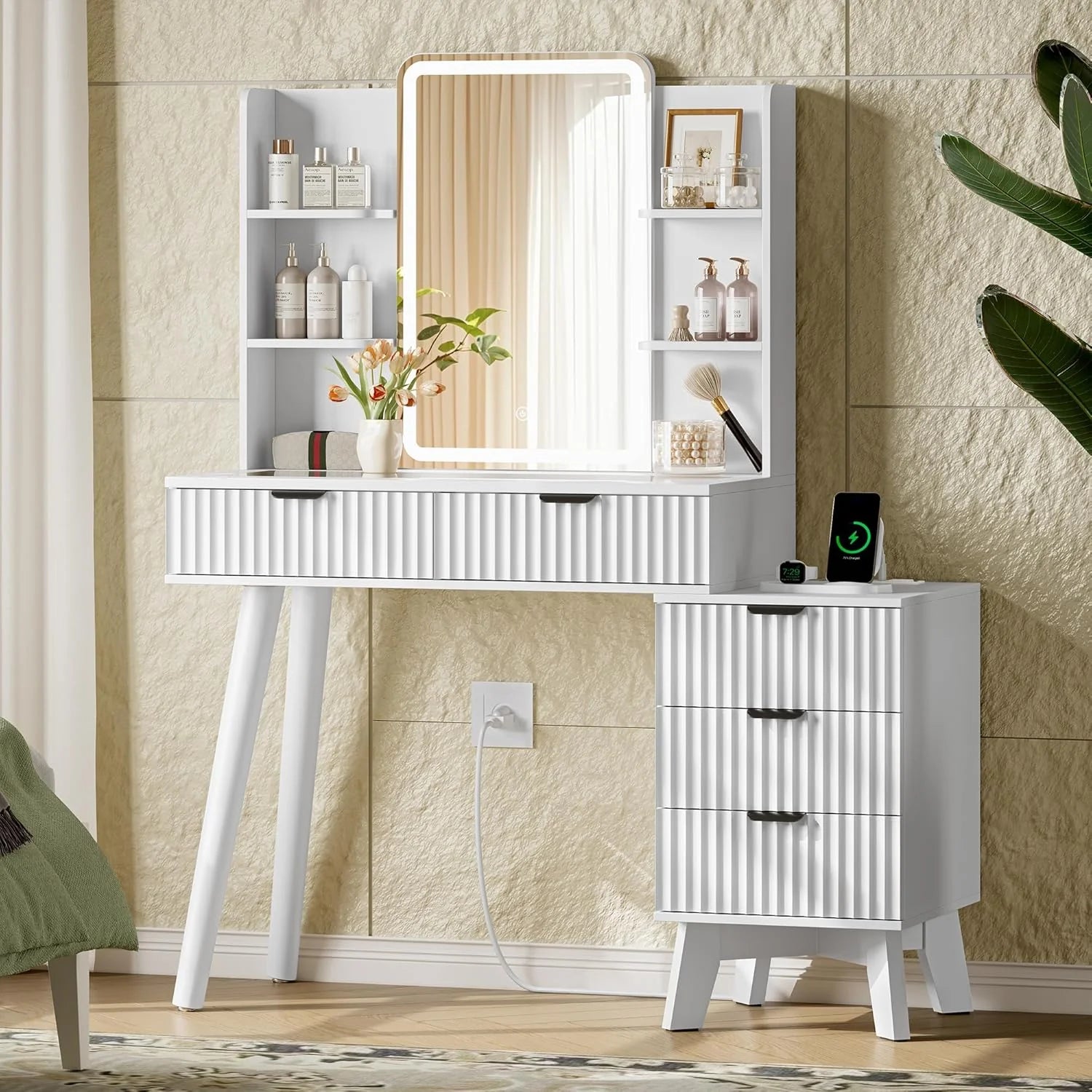 Vanity Desk with LED Lights Mirror & Power Outlet, Small Makeup Vanity Table Set