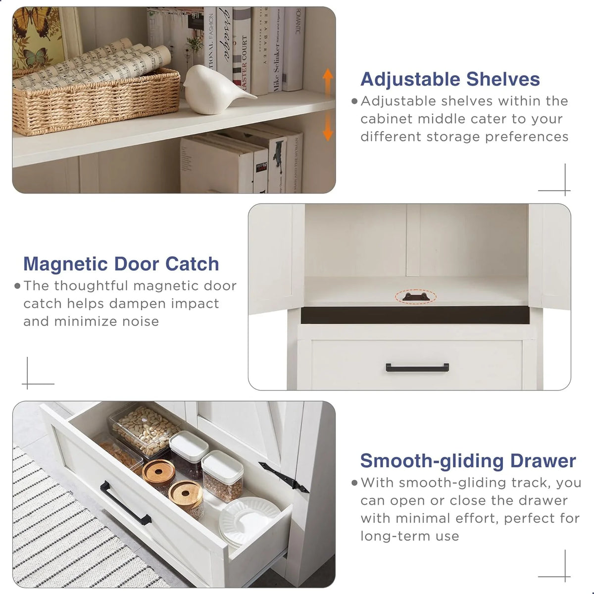 JXQTLINGMU Farmhouse Kitchen Pantry - 72 Tall Wood Kitchen Storage Cabinet with Adjustable Shelves and 2 Barn-Style Doors and Drawers