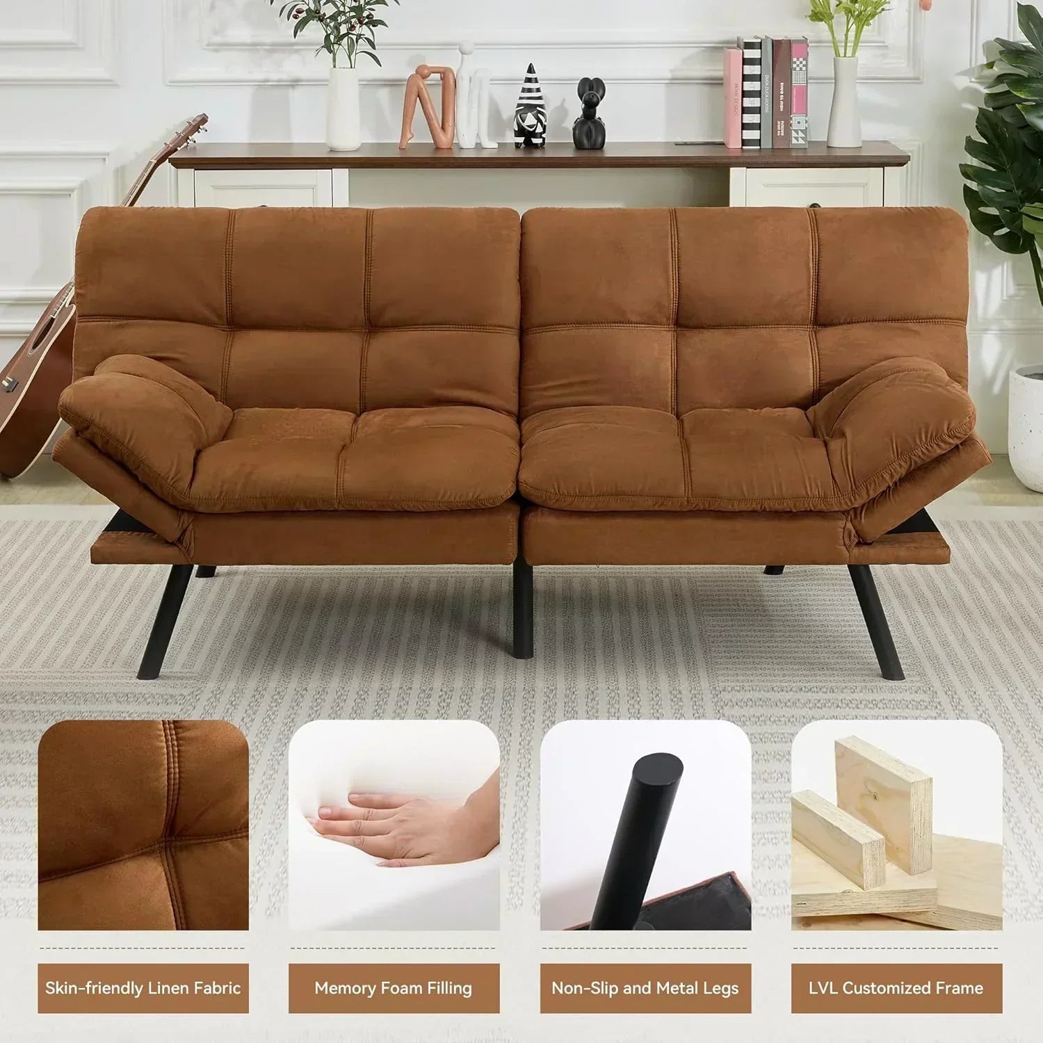 Brown loveseat convertible sofa memory foam futon sofa bed modern sleeper sofa