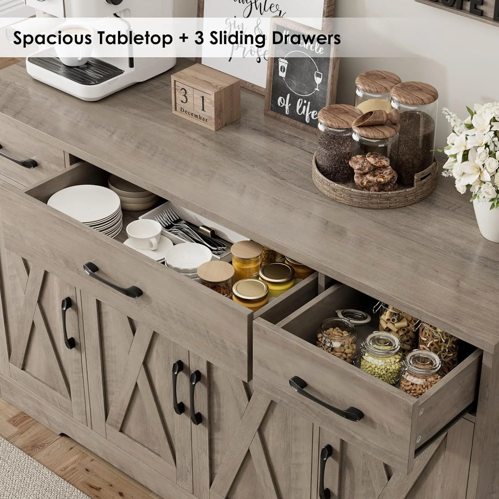 HOSTACK Buffet Cabinet with Drawers, 55 Large Sideboard Buffet Storage Cabinet with Shelves and Doors, Modern Farmhouse Coffee Bar Station Wood Kitchen Table for Kitchen, Dining Room, White/Rustic
