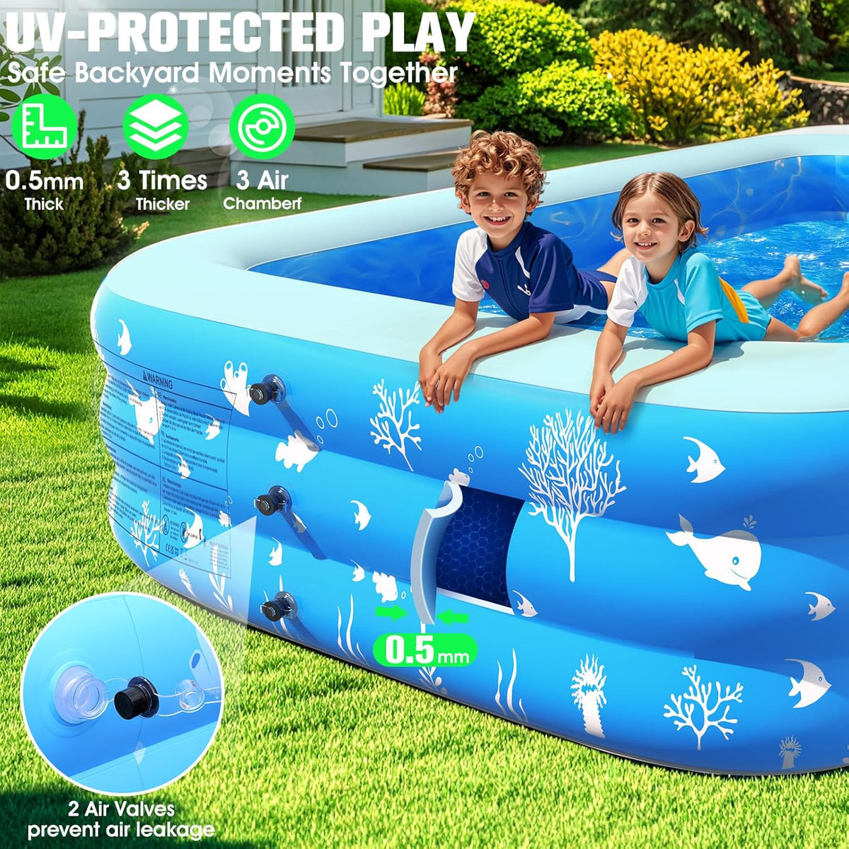 Inflatable Pool with Seat and Pool Lights, Durable Thickened Large Size Family Inflatable Pools for Adults Blow Up Pools,105 x 65 x 25Swimming Inflatable Kids PooI for Backyard,Outdoor (White)