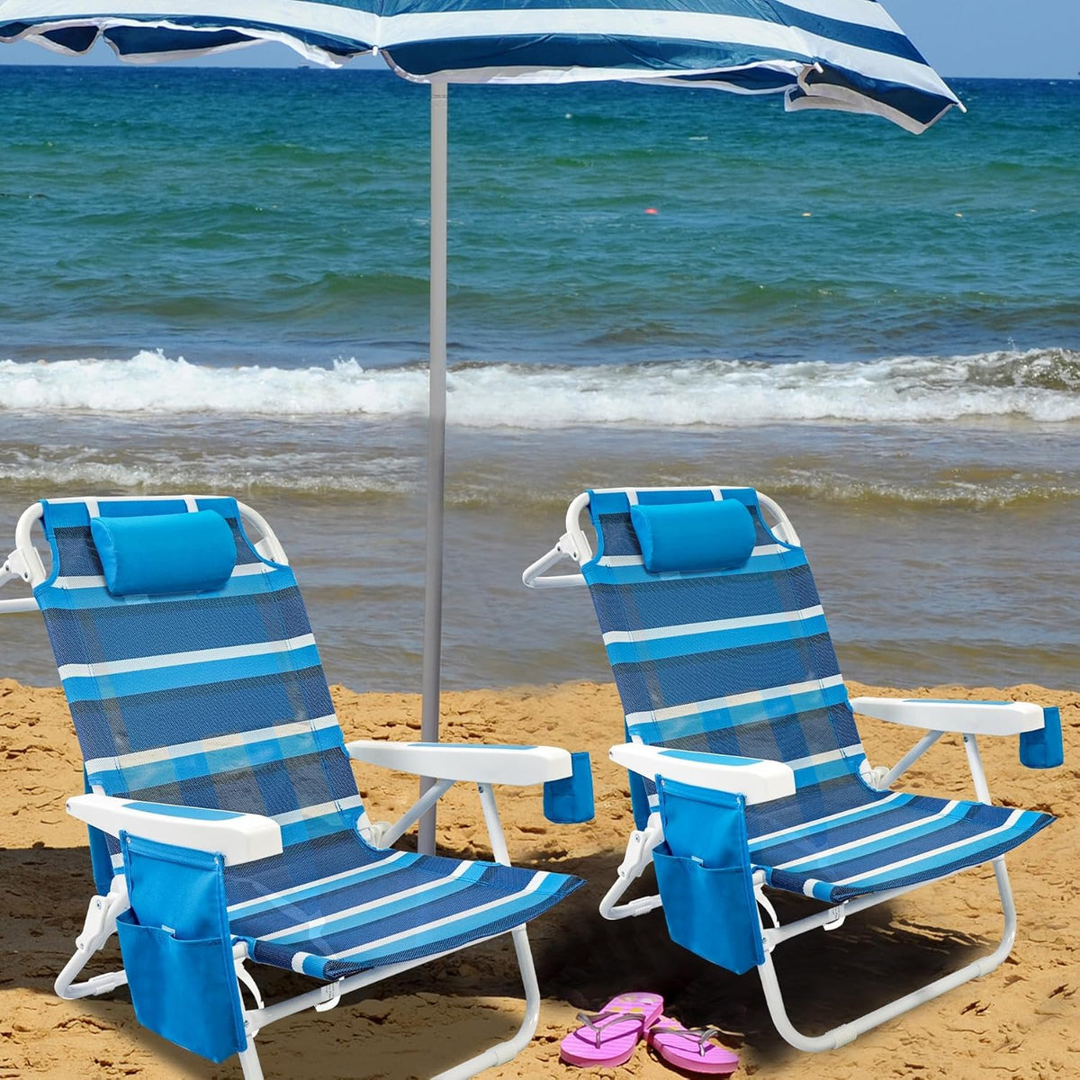 Beach Chair 2 Pack 5 Positions Textilene Folding Reclining Beach Chair with Backpack Straps Cooler Bag & Cup Holder for Outdoor Lawn Camping