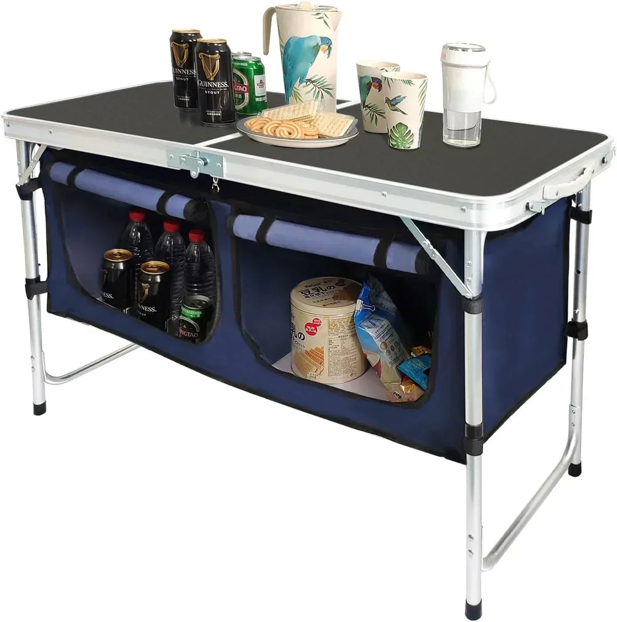 Outdoor Folding Table Aluminum Lightweight Height Adjustable with Storage Organizer