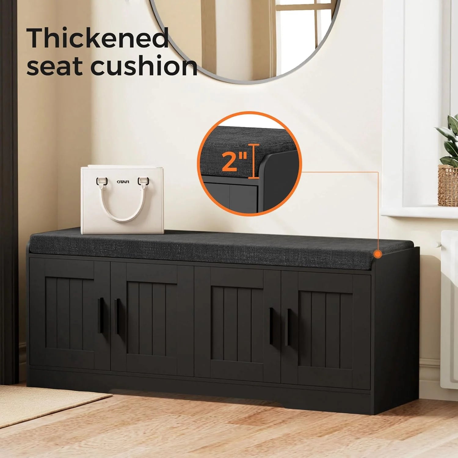 2-Tier Storage Bench, Shoe Bench with Thickened Padded Seat Cushion, Entryway Bench with 4 Doors, Adjustable Shelf, 13.8 D x 45.3 W x 18.5 H, for Entryway, Living Room, Bedroom, White
