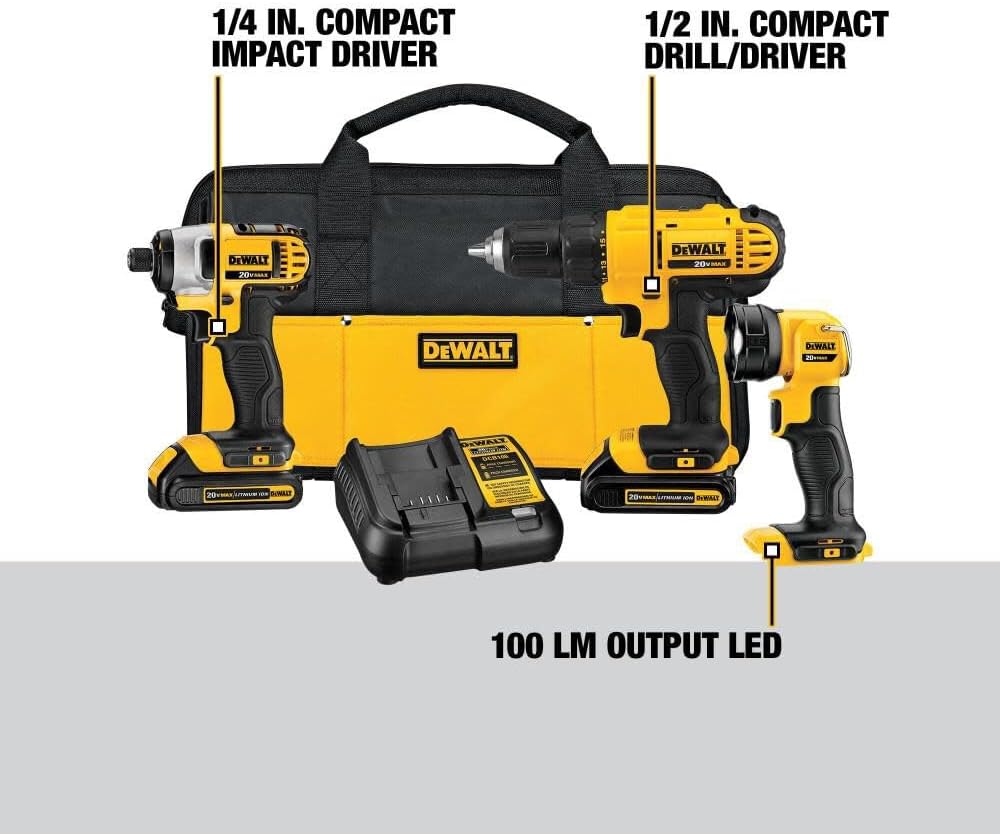 20V MAX Cordless Drill Impact Driver and LED Work Light Portable, Power Tool Combo Kit 3 Tool, 2 Batteries and Charger Included (DCK340C2)