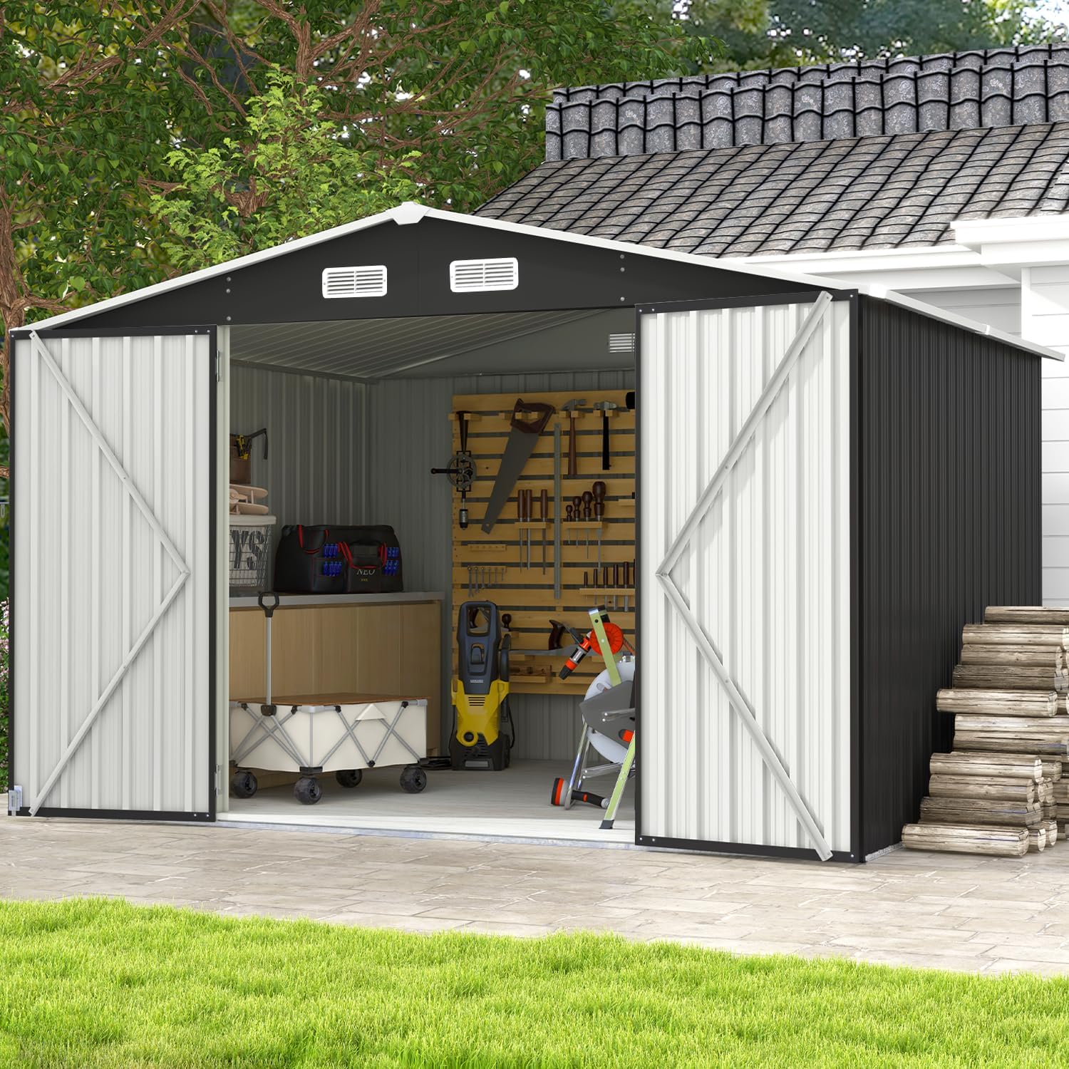 Aoxun 10 x 12 ft Outdoor Storage Shed with Double Hinged Door Utility Garden Shed