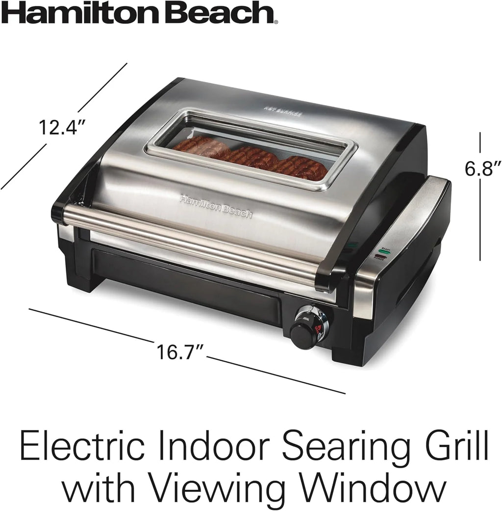 Indoor electric grill with viewing window, adjustable to 450��F, serves 6 people