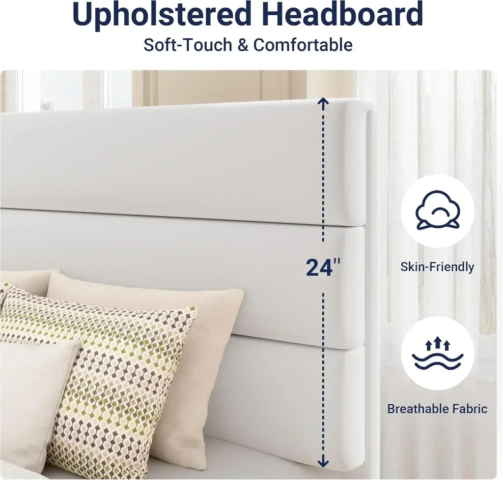 Allewie King size platform bed frame with velvet upholstered headboard and planks