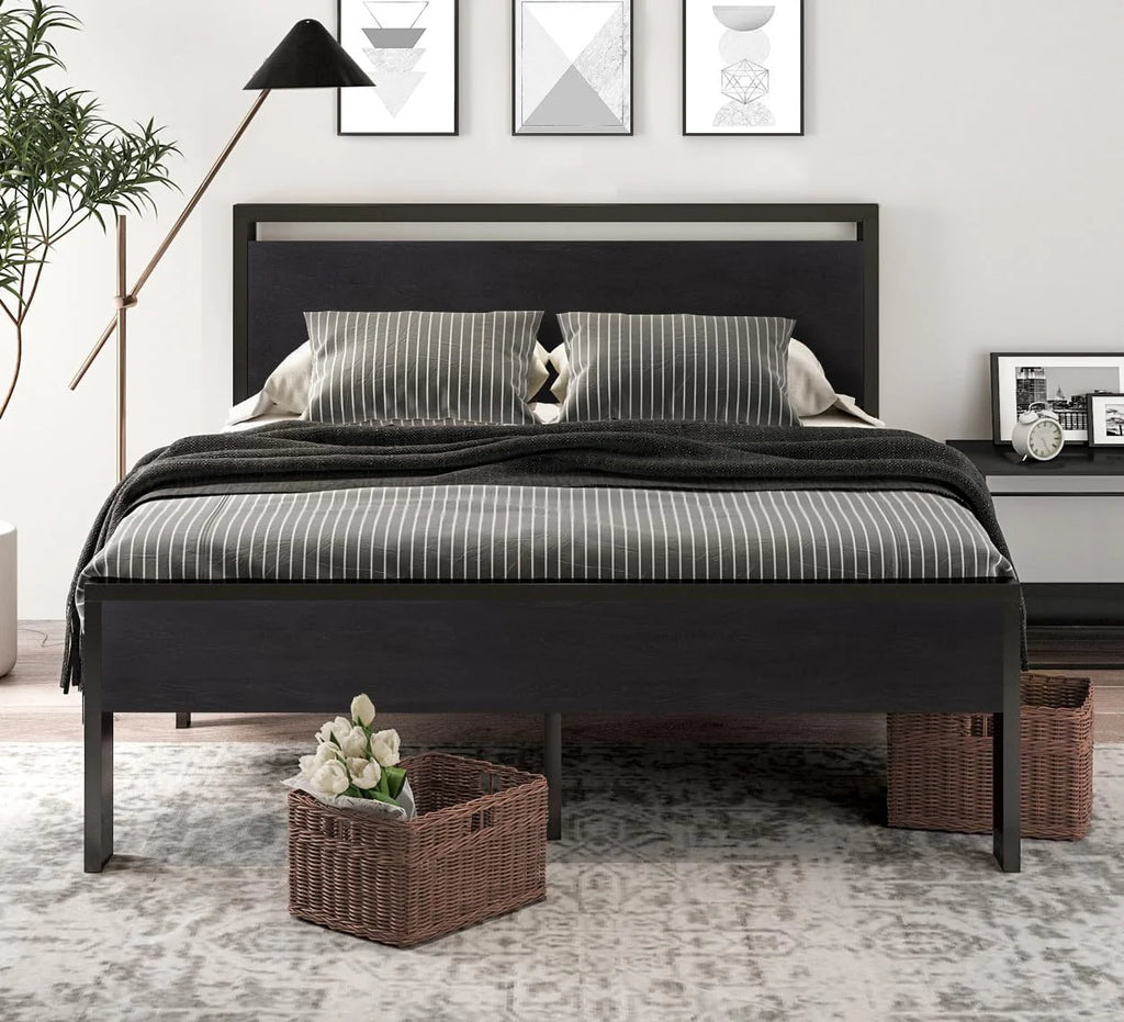 SHA CERLIN 14 Inch Full Size Metal Platform Bed Frame with Wooden Headboard and Footboard