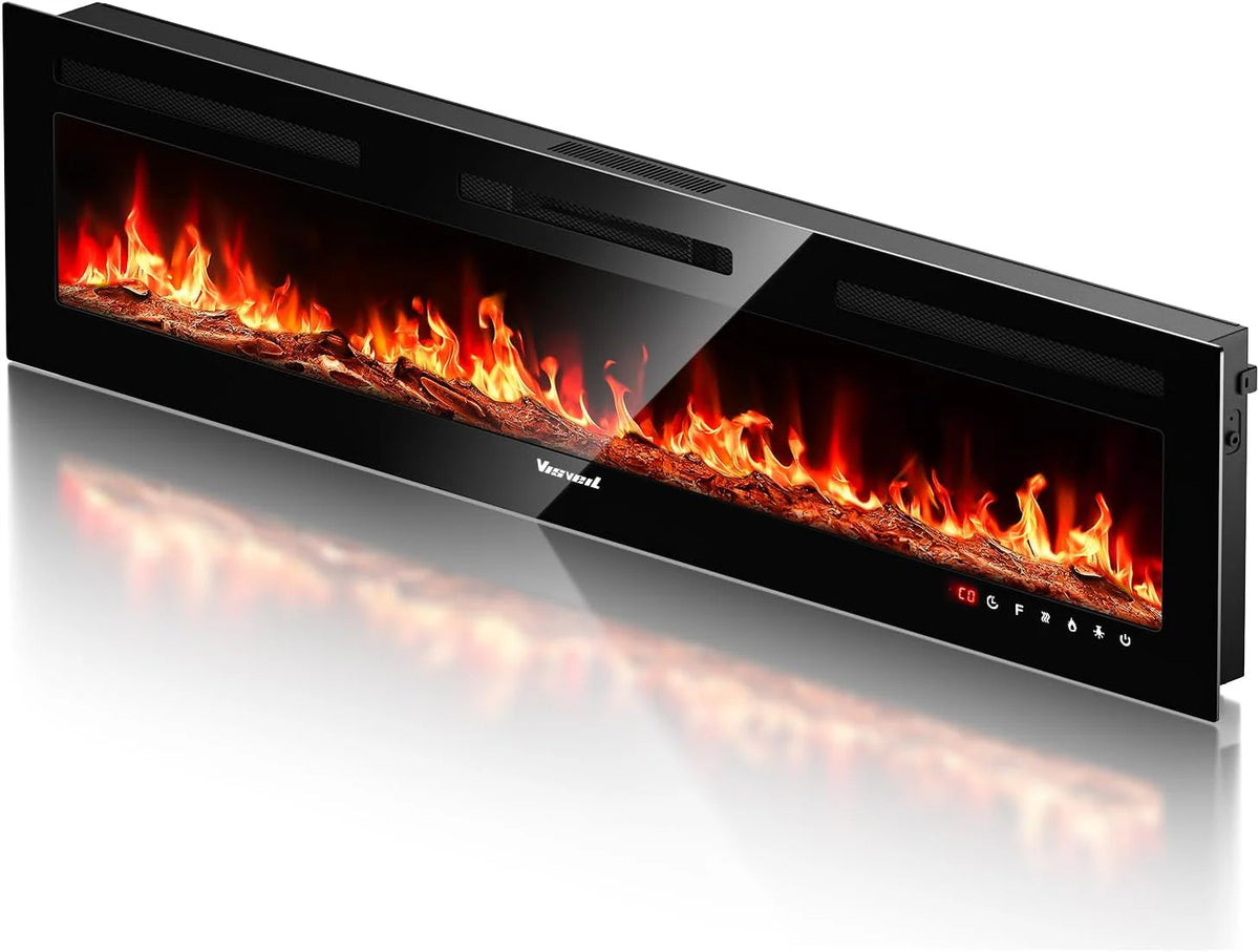 Electric Fireplace 60Inch,Wall Mounted Electric Fireplace Heater with Timer Inserts��TV Stand Touch Screen and Realistic Flame,Log Set,Crystal Flames 750 to 1500W��Remote for Living Room