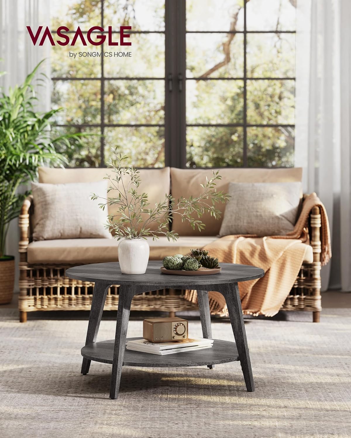 VASAGLE Round Coffee Table 2 Tier Coffee Table with Storage for Living Room 31.5 x 17.7 Inches