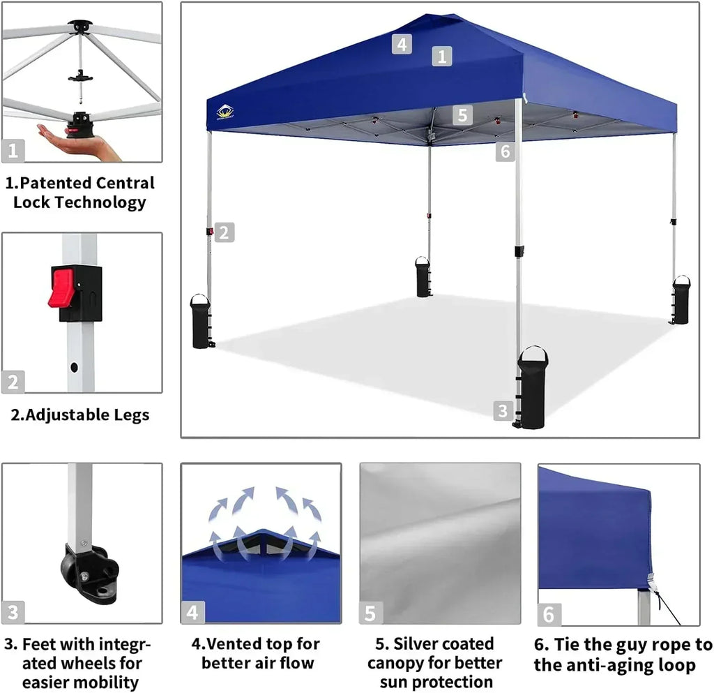 10x10 Pop-Up Awning One-Click Installation Beach Tent Outdoor Sunshade Silver Coated Top