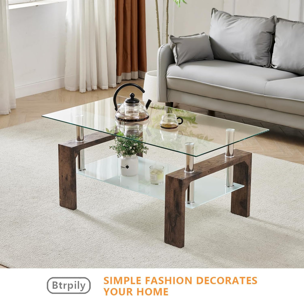 Living Room Rectangle Coffee Table, Tea Table Suitable for Waiting Room, Modern Side Coffee Table with Wooden Leg, Glass Tabletop