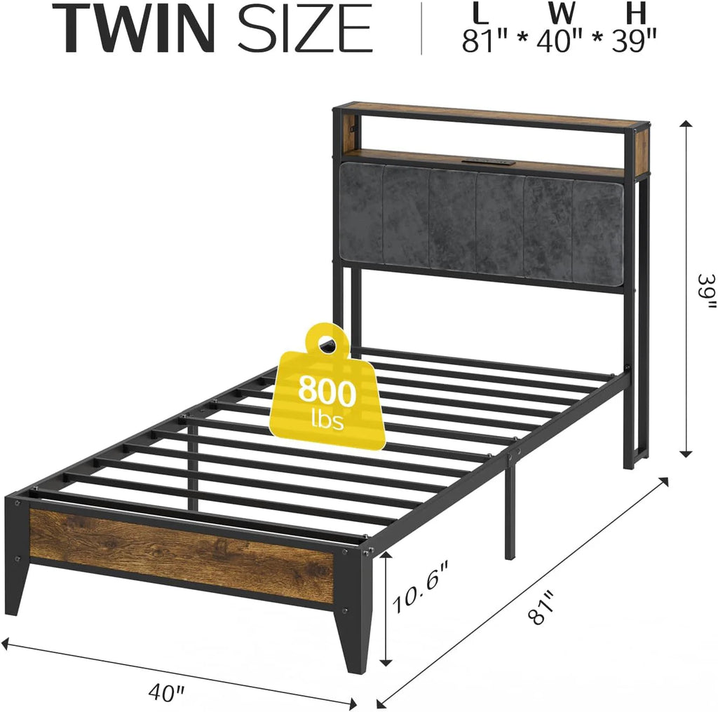 OLEVS Single Bed Frame LED Light Storage Headboard Charging Station Metal Platform Bed
