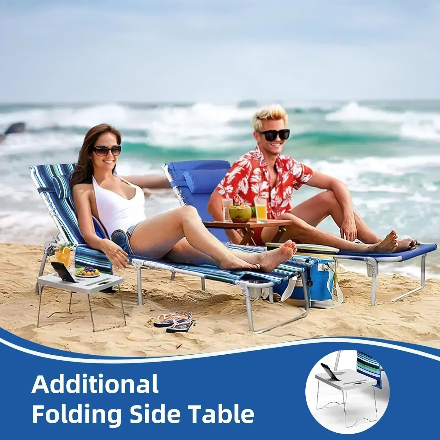 3-in-1 Beach Chair Face Holes Lounge Chair Outdoor with Folding Side Table 5-Position Recliner