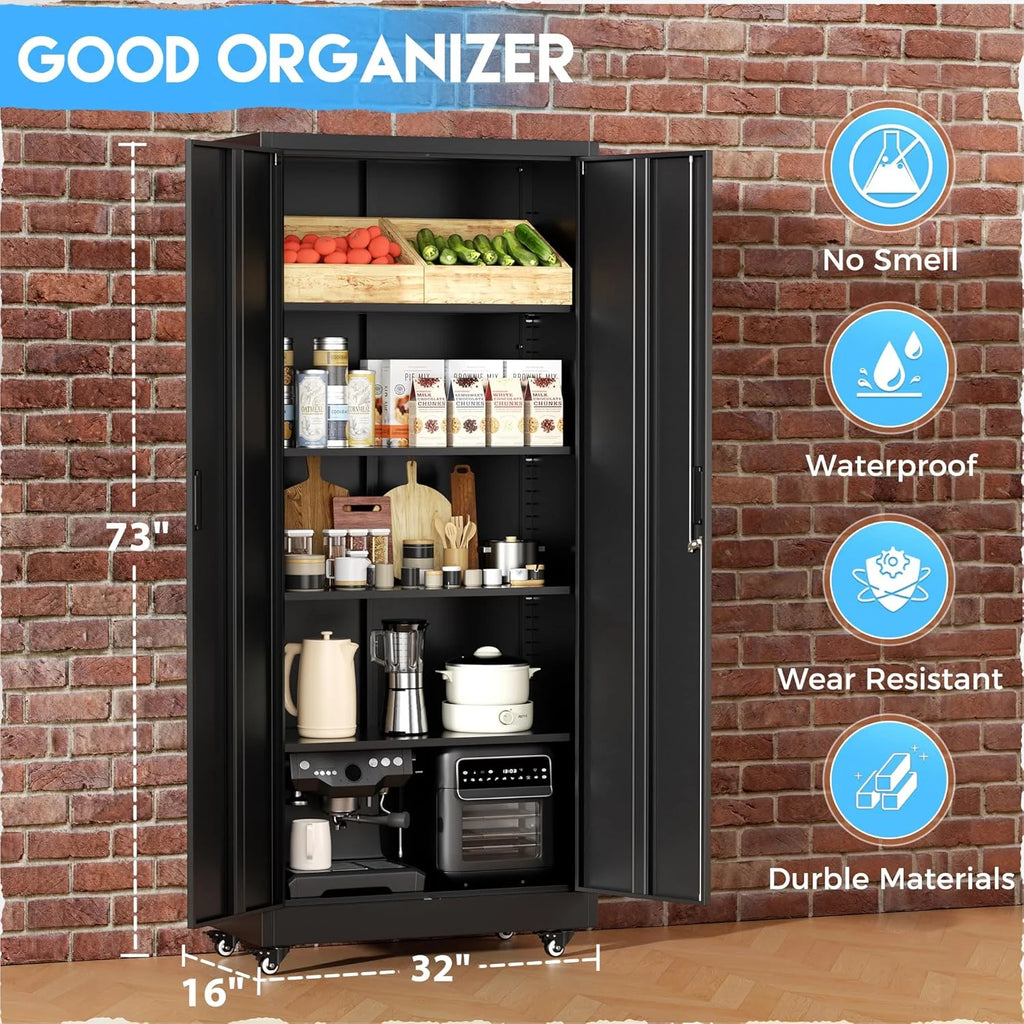 Greenvelly Metal Storage Cabinet, 72 Black Locking Metal Cabinet with 2 Doors and 4 Adjustable Shelves, Lockable Garage Storage Cabinets for Home Office, Garage, Kitchen, Living Room