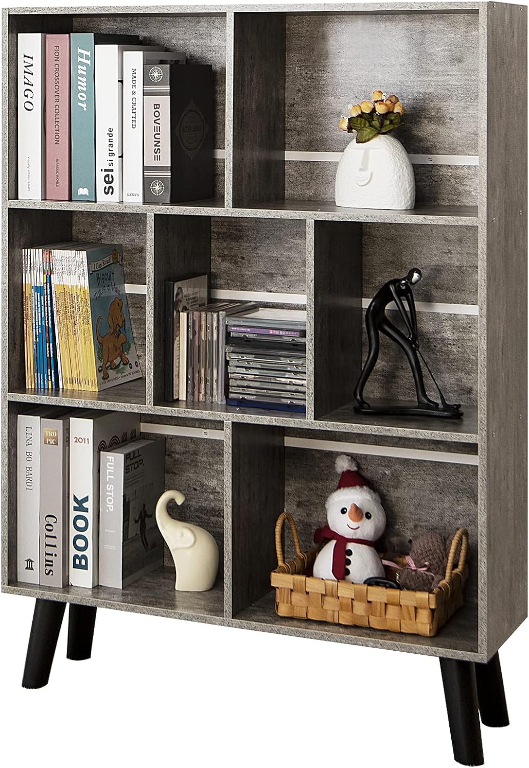 LEYAOYAO Wooden 7 Cube Book Shelf Natural Bookshelf Legs Modern Open Storage Organizer