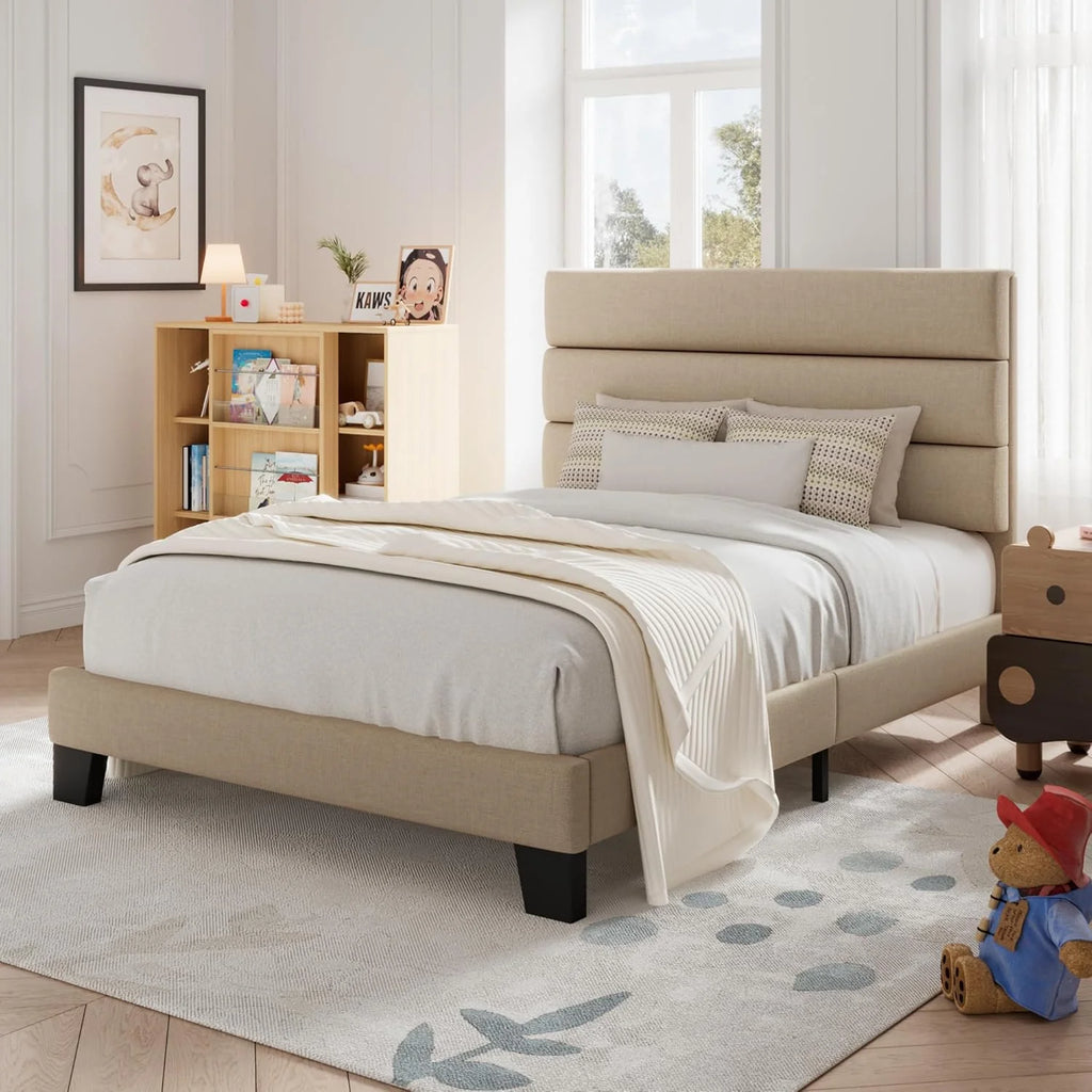 Allewie Queen Size Platform Bed Frame Fabric Upholstered Headboard Wooden Slats Support