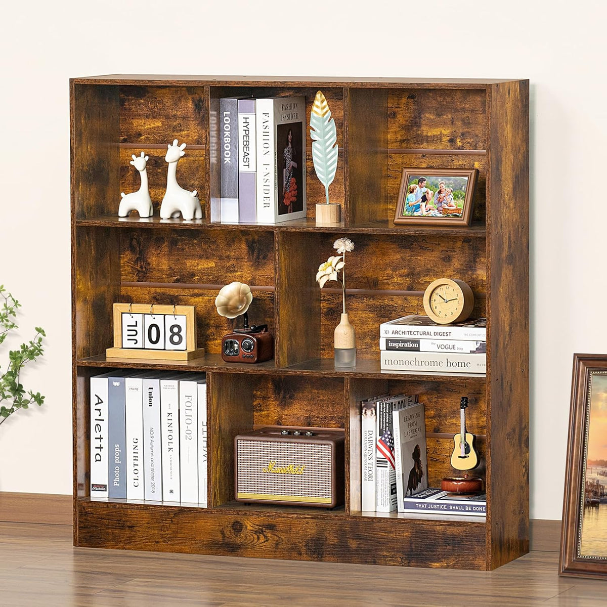 LEYAOYAO Wooden 7 Cube Book Shelf Natural Bookshelf Legs Modern Open Storage Organizer