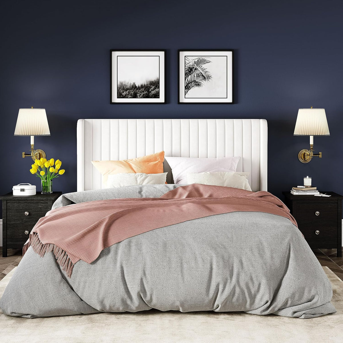 Allewie Full Size Velvet Bed Frame Vertical Channel Tufted Wingback Headboard Upholstered Bed
