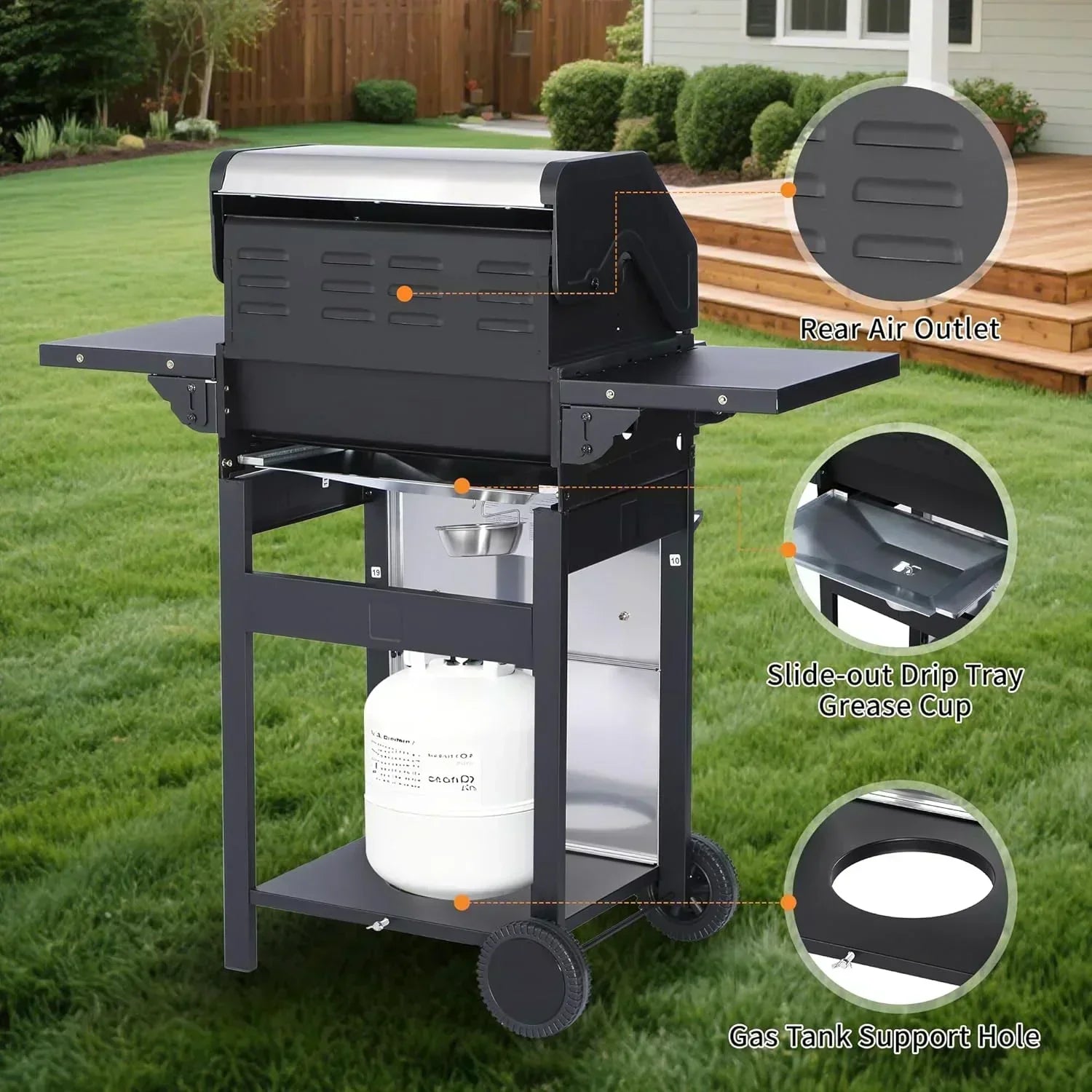 3-Burner Propane Gas Grill 30,000 BTU Output Double-layer Stainless Steel Grill Lid Cooking Grids