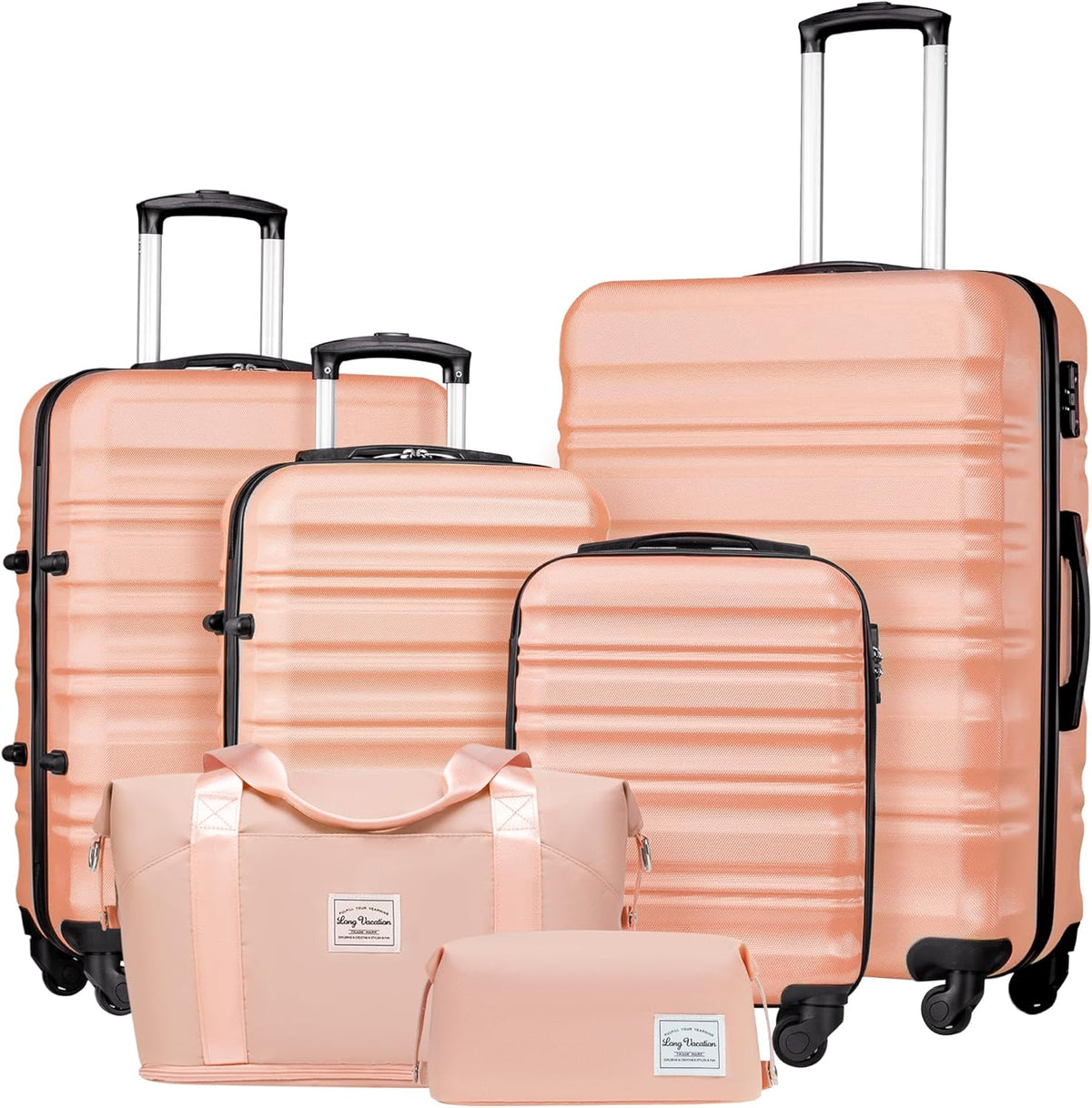 LONG VACATION 6 Piece Luggage Set Carry on Suitcase with ABS+PC hardshell, Spinner Wheels & YKK Zipper TSA Lock