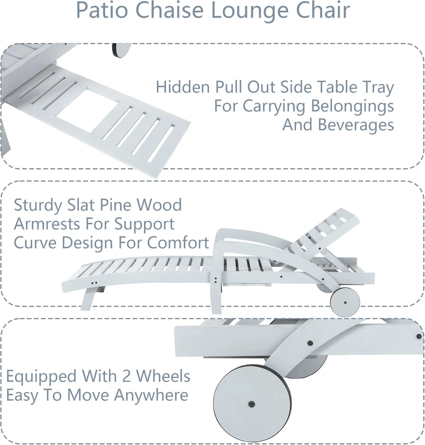 Pool Chaise Lounge Chairs Set of 4 5-Position Adjustable Outdoor Patio Lounge Chairs Wood Reclining Chaise Lounger Chair with Pullout Side Table