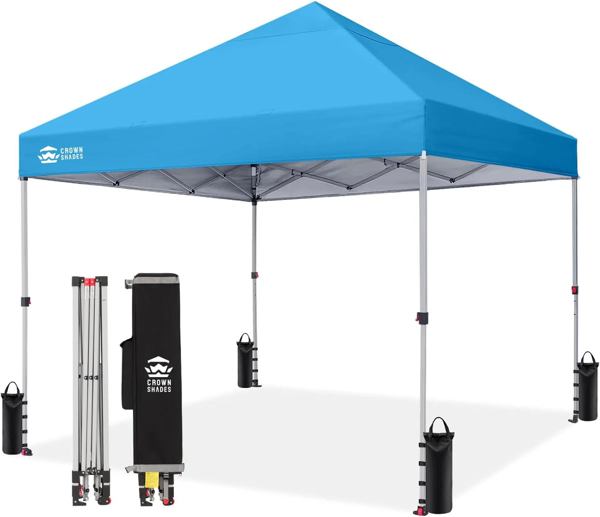 Crown Shades 10x10 Pop Up Canopy - Beach Tent with One Push Setup - Outdoor Sun Shade for Events, Parties, Camping - Gazebo with STO-N-Go Cover Bag, Silver Coated Top, 3 Height& 4 Sand Bags, Yellow