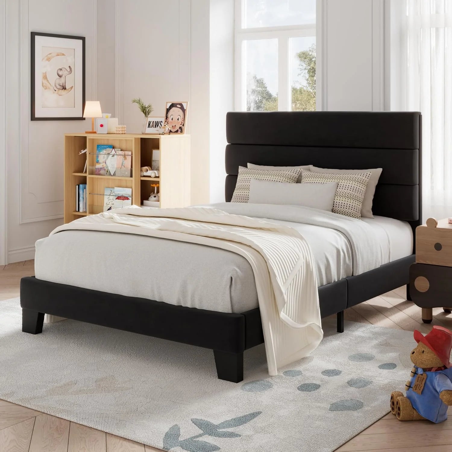 Allewie Queen Size Platform Bed Frame Fabric Upholstered Headboard Wooden Slats Support