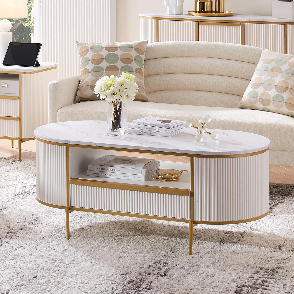OKD Modern Luxury Grooved Coffee Table 48 Inch Oval Coffee Table Drawers Imitation Marble Top
