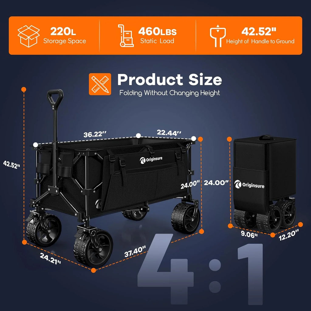 38 long foldable four-wheel stroller, foldable, 460 lb capacity, 220 liter heavy-duty folding beach stroller with large all-terrain tires